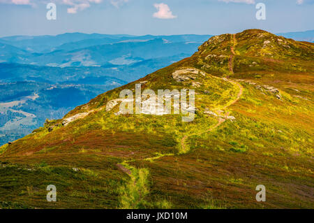 path through the grassy meadows on top of mountain ridge. Classic late summer travel background in Carpathian alps. Wonderful evening weather with blu Stock Photo