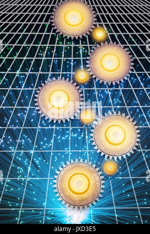 INTERLOCKING COG GEARS ON GRID OVER LIT TIPS OF FIBER OPTIC STRANDS (©KECK MAURER & SCHULTZ / CORNING GLASS WORKS 1970) Stock Photo