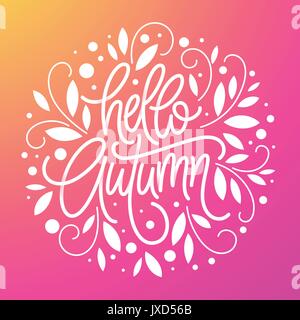 Autumn background and frame of leaves in the style of a thin line art. Handwritten modern lettering. Fall leaves background. Vector illustration Stock Vector