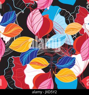 Autumn seamless color pattern from different leaves on a dark background Stock Vector