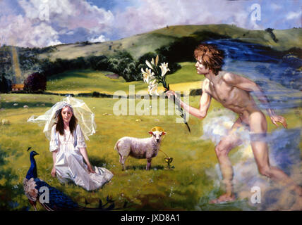 André Durand an allegory set in the Sussex downs the church of St. Andrew's in the distant right. The angel Gabriel rushes in from the foreground right offering a lily to a  girl kneeling on the grond between a peacock and a lamb with a halo. Stock Photo