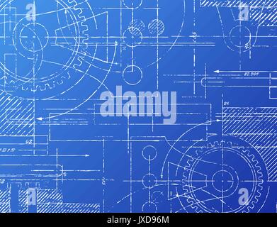 Grungy technical blueprint illustration on blue background Stock Vector