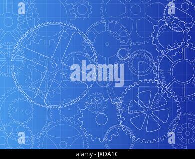 Grungy technical gears illustration on blue background Stock Vector