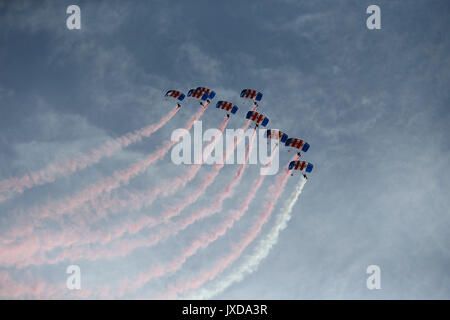 General view of the RAF Falcons Parachute Display Team ahead of the 2018 Gold Coast Commonwealth Games at RAF Brize Norton, Carterton. Stock Photo