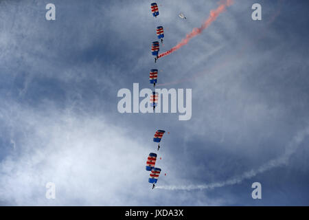 General view of the RAF Falcons Parachute Display Team ahead of the 2018 Gold Coast Commonwealth Games at RAF Brize Norton, Carterton. Stock Photo
