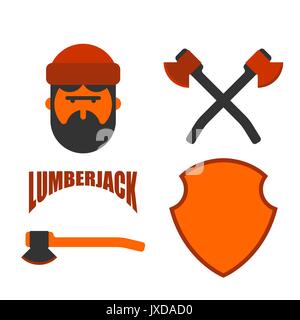 Lumberjack icon set. Woodcutter sign. lumberman symbol. feller with beard and axes. Stock Vector