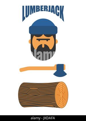 Lumberjack icon set. Woodcutter sign. lumberman symbol. feller with beard and axes. Stock Vector