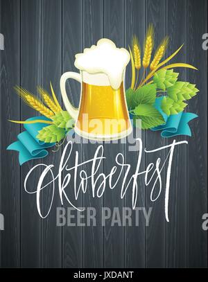 Poster template of Oktoberfest beer party with different objects related with beer festival and handwriting lettering. Vector illustration Stock Vector