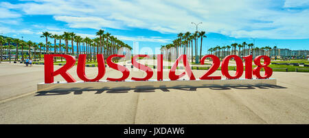 SOCHI, RUSSIA - JUNE 18, 2017: Installation of the inscription 'RUSSIA 2018' symbolizes the FIFA World Cup in the Olympic Park of Sochi Stock Photo