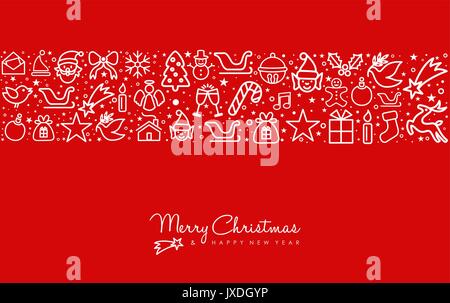 Merry Christmas and happy New Year red greeting card design with holiday line art icon pattern. EPS10 vector. Stock Vector