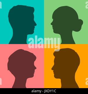 Four silhouettes of male and female heads in profile on different brightly colored backgrounds, vector illustration for avatars or internet Stock Vector