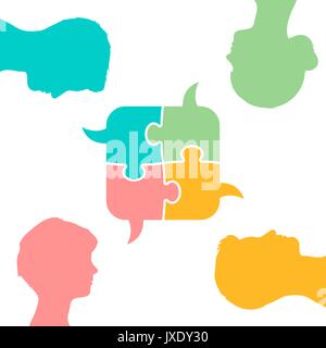 Set of colored flat puzzle piece bubbles with male and female head figures, symbolizing collaborative speech concept, isolated on white background, ve Stock Vector