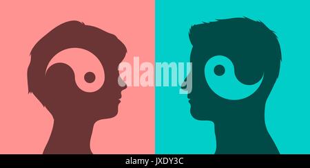 Yin and yang symbols in man and woman head dark silhouettes on pink and cyan background, communication concept, vector illustration Stock Vector