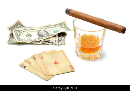 Money Poker Whiskey Scenery Stock Photo
