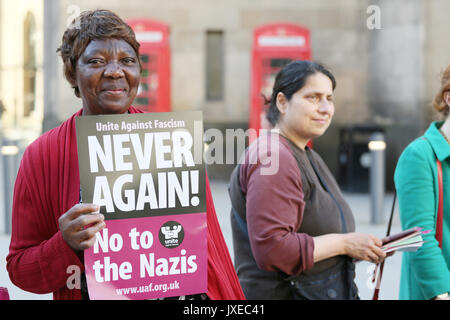 Manchester, UK. 15th Aug, 2017. A women holding a sign which reads 'Never Again no to the Nazis' St Peters Square, Manchester, 15th August, 2017 Credit: Barbara Cook/Alamy Live News Stock Photo