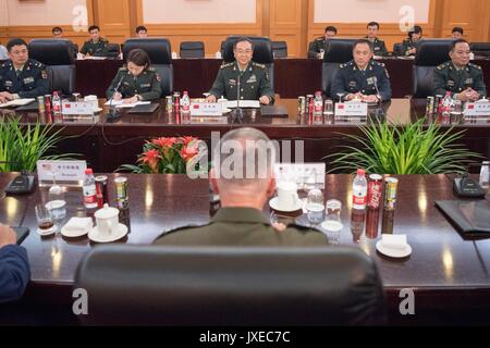 Beijing, China. 15th Aug, 2017. Chinese People's Liberation Army Gen. Fang Fenghui during roundtable discussions with U.S. Chairman of the Joint Chiefs Gen. Joseph Dunford at the Bayi building August 15, 2017 in Beijing, China. Dunford and Fang signed an agreement to strengthen communication between the two militaries amid tensions concerning North Korea. Credit: Planetpix/Alamy Live News Stock Photo