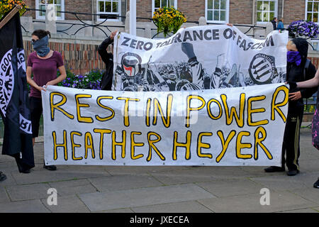 Bristol, UK. 15th August, 2017. Members of Bristol Anti-Fascists at a vigil to mark the death of Heather Heyer, who was killed while attending an anti-fascist demonstration in Charlottesville, Virginia, USA. Keith Ramsey/Alamy Live News Stock Photo