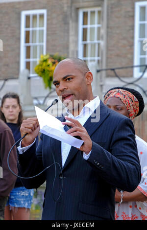 Bristol, UK. 15th August, 2017. The Mayor of Bristol, Marvin Rees, speaks at a vigil to mark the death of Heather Heyer, who was killed while attending an anti-fascist demonstration in Charlottesville, Virginia, USA. Keith Ramsey/Alamy Live News Stock Photo