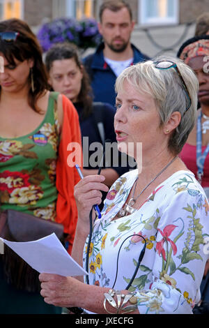 Bristol, UK. 15th August, 2017. Karin Smyth, MP for Bristol South, speaks at a vigil to mark the death of Heather Heyer, who was killed while attending an anti-fascist demonstration in Charlottesville, Virginia, USA. Keith Ramsey/Alamy Live News Stock Photo