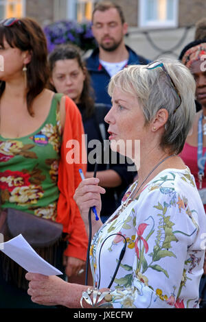 Bristol, UK. 15th August, 2017. Karin Smyth, MP for Bristol South, speaks at a vigil to mark the death of Heather Heyer, who was killed while attending an anti-fascist demonstration in Charlottesville, Virginia, USA. Keith Ramsey/Alamy Live News Stock Photo