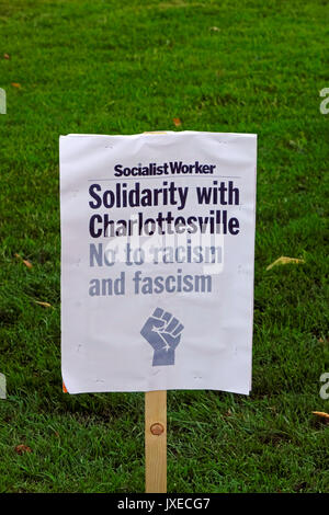 Bristol, UK. 15th August, 2017. A Socialist Workers Party placard at a vigil to mark the death of Heather Heyer, who was killed while attending an anti-fascist demonstration in Charlottesville, Virginia, USA. Keith Ramsey/Alamy Live News Stock Photo
