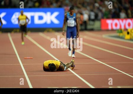 London, UK. 12th Aug, 2017. Usain Bolt (JAM) Athletics : Usain Bolt of Jamaica lies on the track after pulling up injured in the Men's 4x100m Relay Final on day nine of the IAAF World Championships London 2017 at The London Stadium in London, UK . Credit: FAR EAST PRESS/AFLO/Alamy Live News Stock Photo