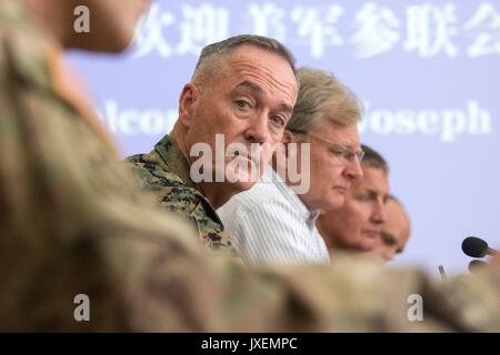 Shenyang, China. 16th Aug, 2017. U.S. Chairman of the Joint Chiefs Gen. Joseph Dunford, center, during roundtable discussions with People's Liberation Army Gen. Song Puxuan at Infantry Brigade Headquarters for the Chinese Northern Theater Command August 16, 2017 in Haichung, China. Dunford told Chinese leaders that the U.S. hoped diplomatic and economic pressure would convince North Korea to end its nuclear program, but that it was also preparing military options. Credit: Planetpix/Alamy Live News Stock Photo