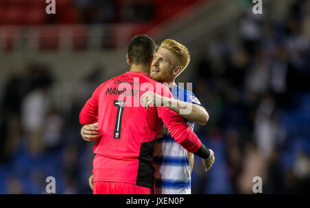 Reading, UK. 15th Aug, 2017. Paul McShane of Reading embraces teammates Goalkeeper Vito Mannone of Reading at full time during the Sky Bet Championship match between Reading and Aston Villa at the Madejski Stadium, Reading, England on 15 August 2017. Photo by Andy Rowland/PRiME Media Images. **EDITORIAL USE ONLY FA Premier League and Football League are subject to DataCo Licence. Credit: Andrew Rowland/Alamy Live News Stock Photo