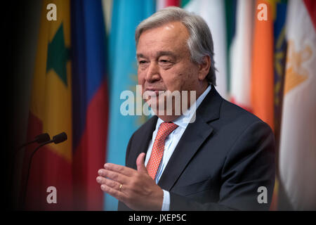 United Nations. 16th Aug, 2017. United Nations Secretary-General Antonio Guterres speaks to the press during a media encounter at the UN headquarters in New York, Aug. 16, 2017. UN Secretary-General Antonio Guterres said Wednesday that the Democratic People's Republic of Korea (DPRK) should 'fully comply with international obligations' and 'engage in a credible and meaningful dialogue' in order to defuse tensions on the Korean Peninsula. Credit: Li Muzi/Xinhua/Alamy Live News Stock Photo