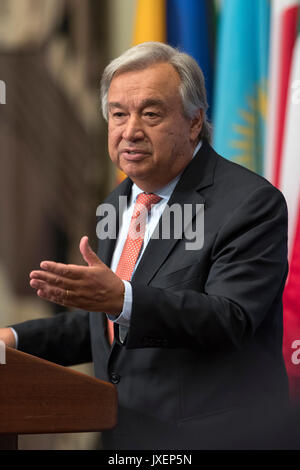 United Nations. 16th Aug, 2017. United Nations Secretary-General Antonio Guterres speaks to the press during a media encounter at the UN headquarters in New York, Aug. 16, 2017. UN Secretary-General Antonio Guterres said Wednesday that the Democratic People's Republic of Korea (DPRK) should 'fully comply with international obligations' and 'engage in a credible and meaningful dialogue' in order to defuse tensions on the Korean Peninsula. Credit: Li Muzi/Xinhua/Alamy Live News Stock Photo