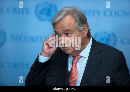 United Nations. 16th Aug, 2017. United Nations Secretary-General Antonio Guterres listens to a journalist's question during a media encounter at the UN headquarters in New York, Aug. 16, 2017. UN Secretary-General Antonio Guterres said Wednesday that the Democratic People's Republic of Korea (DPRK) should 'fully comply with international obligations' and 'engage in a credible and meaningful dialogue' in order to defuse tensions on the Korean Peninsula. Credit: Li Muzi/Xinhua/Alamy Live News Stock Photo