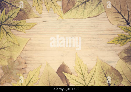 Autumn greeting card with leaves. Frame of yellow autumn leaves on a wooden background. Copy space. Toned in warm soft colors Stock Photo