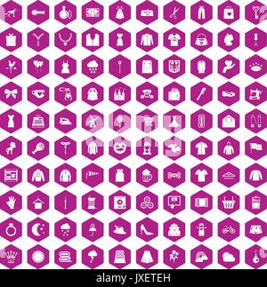 100 dress icons hexagon violet Stock Vector