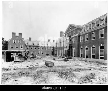Alumni Memorial Residences Exterior of AMR, Ladder leading up to window below pediment, Scaffolding removed, 1923. Stock Photo