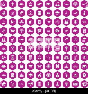 100 eco care icons hexagon violet Stock Vector