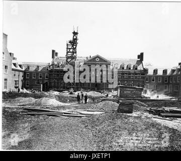 Alumni Memorial Residences AMR looking East, Emphasis on central portion with pediment with scaffolding, Some workers present in construction site, 1923. Stock Photo