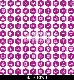 100 e-commerce icons hexagon violet Stock Vector