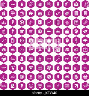 100 economy icons hexagon violet Stock Vector