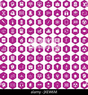 100 education icons hexagon violet Stock Vector
