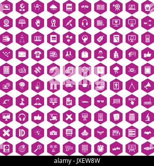 100 education technology icons hexagon violet Stock Vector
