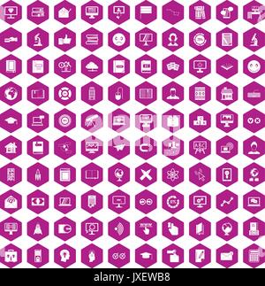 100 e-learning icons hexagon violet Stock Vector