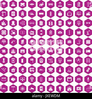 100 electrical engineering icons hexagon violet Stock Vector