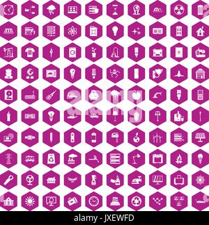 100 electricity icons hexagon violet Stock Vector