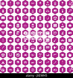 100 elephant icons hexagon violet Stock Vector