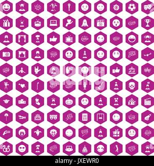 100 emotion icons hexagon violet Stock Vector