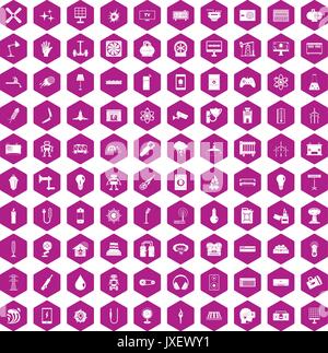 100 energy icons hexagon violet Stock Vector