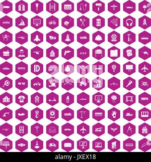 100 engineering icons hexagon violet Stock Vector