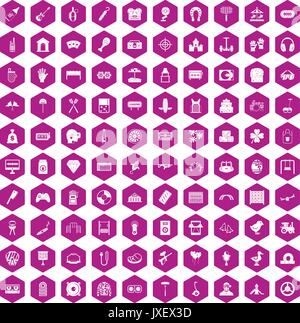 100 entertainment icons hexagon violet Stock Vector