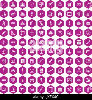 100 equipment icons hexagon violet Stock Vector