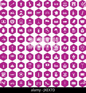 100 europe countries icons hexagon violet Stock Vector